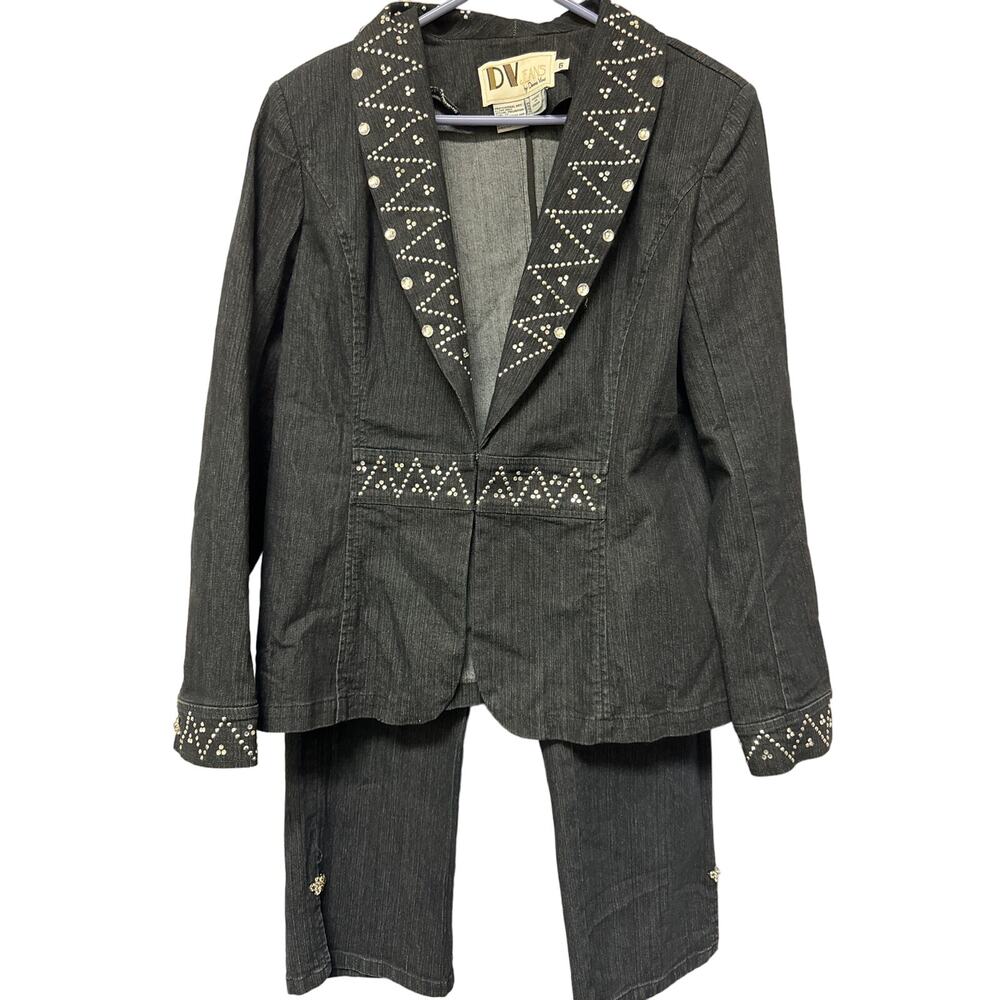 Donna Vinci Vintage 2 Piece Denim Suit Set Black w/Silver Jewels Size 6 Flawless